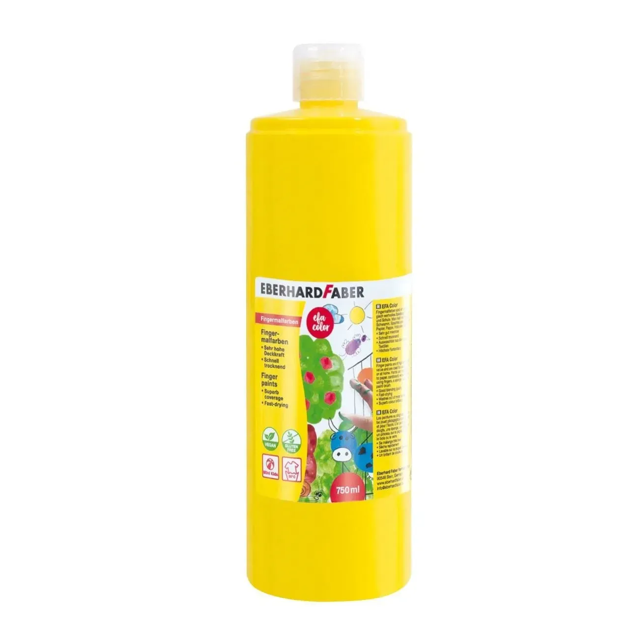 Gelbe Fingerfarbe in einer 750 ml Flasche mit buntem Etikett.