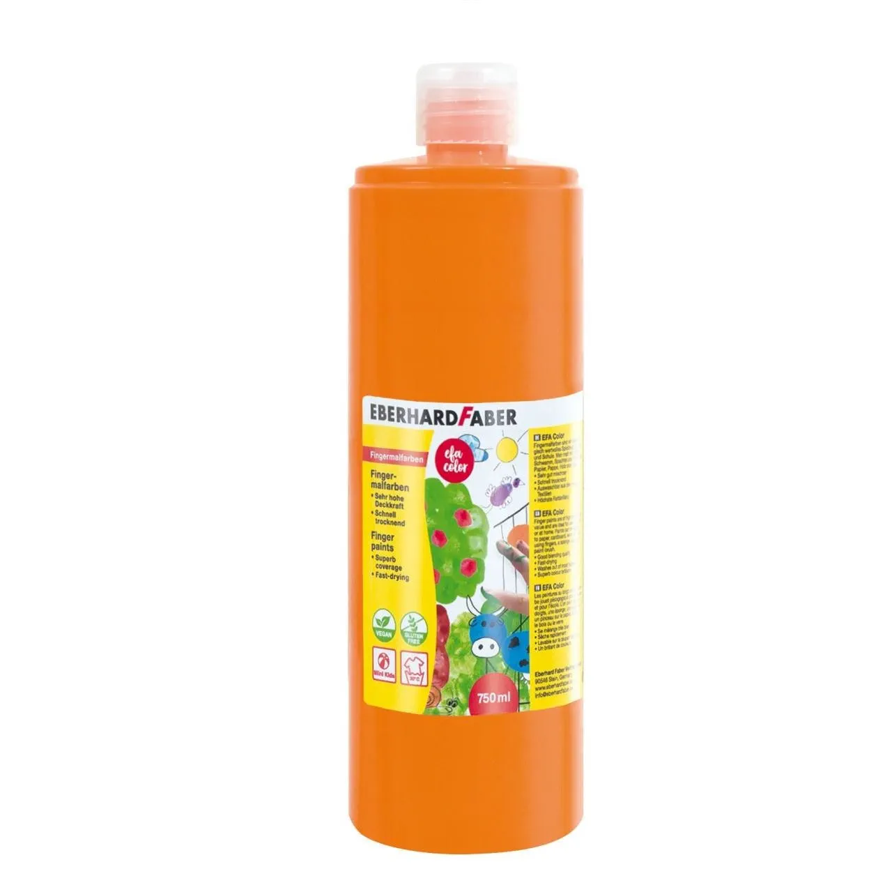 Orangene Fingerfarbe in einer 750 ml Flasche mit buntem Etikett.