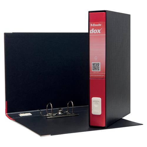 Roter Esselte Protokollordner Dox 2 mit Box, geöffnet, zeigt Innenansicht und Ringmechanik.