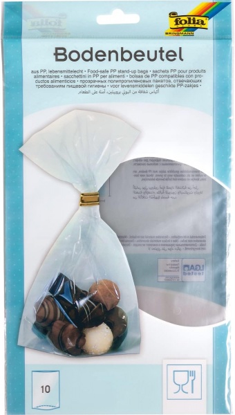 Transparente Zellglas-Bodenbeutel mit Kreuzboden zur stabilen Präsentation von Inhalten.