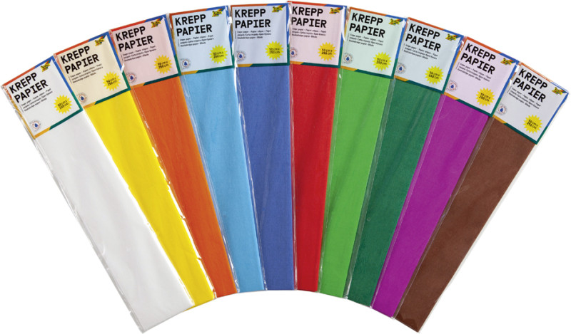 Bündel von farbigem Bastelkrepp in verschiedenen Farben, verpackt in transparenten Folien.