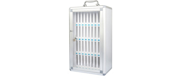 Aluminium-Handybox mit 36 Fächern, verschließbar und mit Schlüssel.