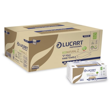Papierhandtuch-Packung mit 2-lagigen Z-Falz-Tüchern und Kartonverpackung.