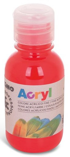 Rote Acrylfarbe in einer 125ml-Flasche mit transparentem Deckel und Etikett.