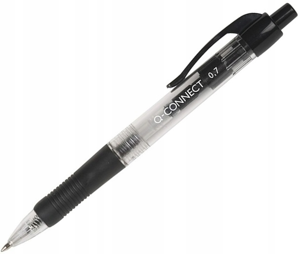 Schwarzer Kugelschreiber mit transparenter Kappe und Druckmechanik, 0,7 mm Schriftgröße.