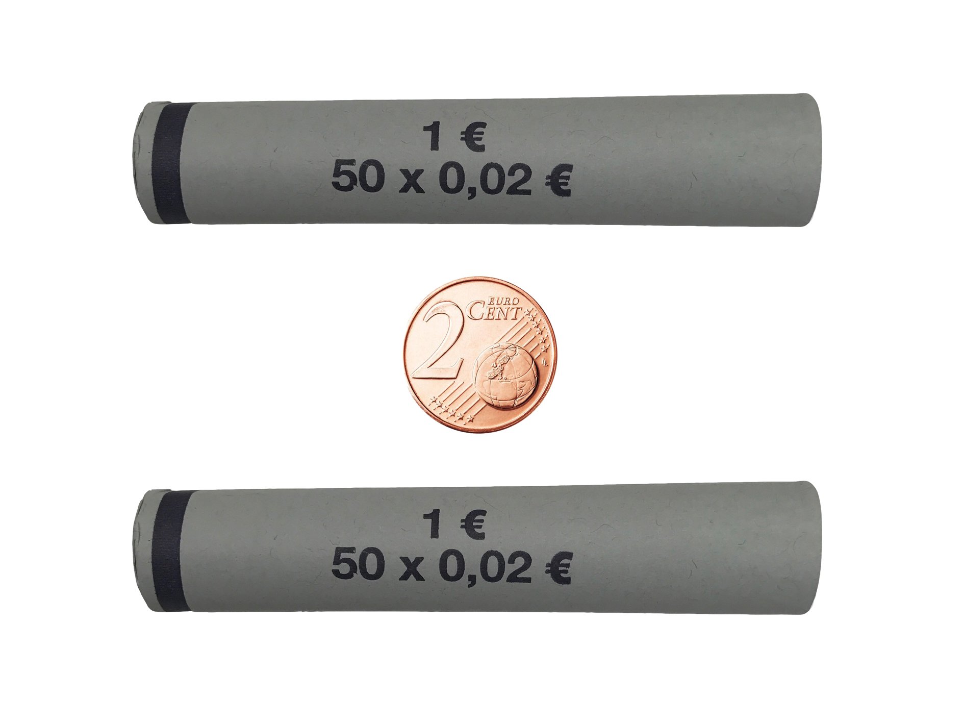 Münzrollenpapier für 0,02 Euro auf einem weißen Hintergrund, mit einer 2-Cent-Münze in der Mitte.