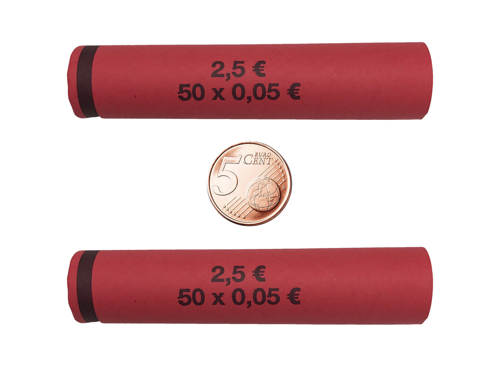 Zwei rote Münzrollenpapier für 0,05 Euro mit je 50 Münzen und einem Wert von 2,50 Euro.
